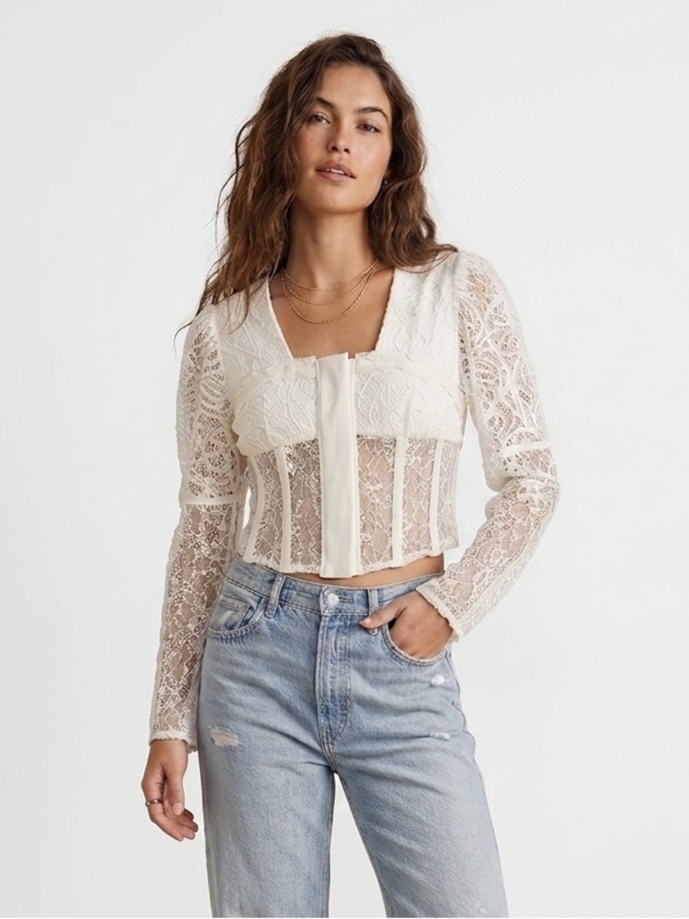 Romantic Lace Long Sleeve Crop Top Shacket HAS CALLOUT